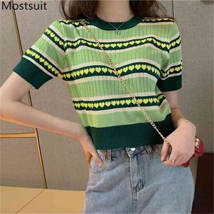 Summer Green Striped Knitted Crop Tops Sweater Women Short Sleeve O-neck Fashion Female Pullover Femme 210513