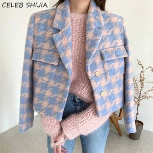 Chic Koreański Kurtka Wełny Kobieta Fall Blue Plaid Notch Collar Woolen Coat Houndstooth Runway Design Mieszanki Strój jesieni i zima 210930