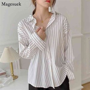 Moda Kore Beyaz Bluz Kadın Çizgili Rahat Hırka Düğme Yukarı Gömlek Artı Szie Ofis Lady Uzun Kollu Top 11876 210512