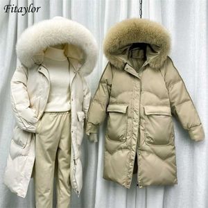 Fi冬の大きい自然の毛皮の襟フード付きロングジャケットの女性白いアヒルのコートのウインドブレイクスリーブ暖かいoutwear 211108
