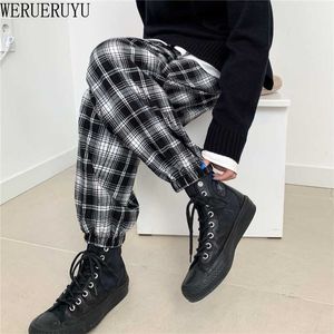 Plaid Pants Women's Casual Autumn Clothes Loose Drawstring Clothing Fashion Black White Check Harem 211216