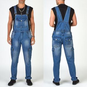 Męskie Dżinsy Kombinezony Mody Męskie Paski Dżnowe Myte Jumpsuit Długie Streetwear Suspenders Baggy BIB Kontrastowe spodnie ściegowe