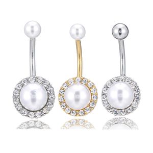 Sexy Pearl Dangle Navel Belly Button Rings Fashion Double Round Crystal Zircon Surgical Steel Piercing Jewelry Gift