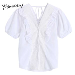 Yitimuceng White Blouse Kvinnor Ruffles Lace Patchwork Shirts Puff Sleeve V-Neck Solid Kläder Sommar Koreanska Mode Toppar 210601