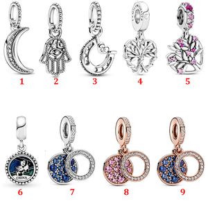 Hakiki 925 Ayar Gümüş Fit Pandora Bilezik Charms Pembe Aile Ağacı Tarzı Ay Etiketi Charms Boncuk DIY Boncuk Charms Için Aşk Kalp Mavi Crysta Charm