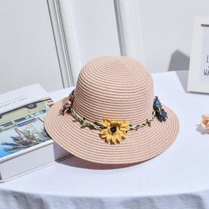 Moda açık güneşlik şapka güzel florets dekore edilmiş saman geniş ağızlık şapka