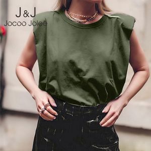Jocoo Jolee Einfarbig Schulterpolster Frauen Tops Casual O Neck Ärmelloses T-shirt Mode Vintage Streetwear t-shirt Kleidung 210518