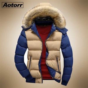 男性ダウンパーカー冬の暖かいフリースジャケット9色のファッションの毛皮のフードハットの取り外し可能な男性のアウターウェアカジュアルメンズコート厚いパーカー211204