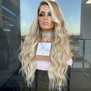 Ombre Hihglight Platinum Body Wave Spets Front Wig Human Hair For Women Ash Blond Wavy Spets Frontal Wigs HD Transparenta Laces