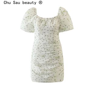 Casual Chic Floral Print Off Shoulder Summer Women Mini Dress Holiday Style V-neck Slim Chiffon Dresses Female Vestidos 210508