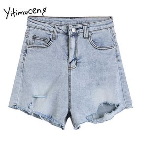 Yitimuceng Womens Denim Shorts High Waisted Jean Ripped Summer Casual Solid Blå Kläder Fashion Hollow Out Hole Sweat 210601