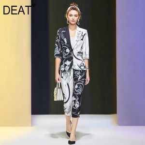 [Diaf] Летняя мода три четверти рукав V-образным вырезом Одноугольная кнопка Blazer Printing High талия брюки костюм женщины 13C976 210527