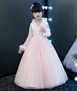Inverno cor-de-rosa mangas jóias applique garota de garota flor de flor vestidos de princesa festa criança saia
