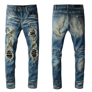 Mens jeans Designer jean man Wholesale Brand Casual Blue Ripped Holes Skateboard Splicing Straight Motorcycle Biker stretch Slim Hip Hop denim Skinny Pant
