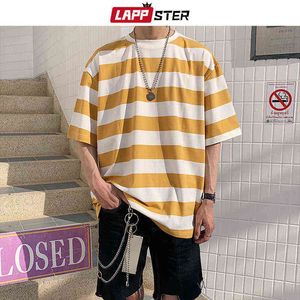 Lappster Erkekler Streetwear Çizgili Tshirt 2021 Yaz Erkek Komik Hip Hop Gevşek T Gömlek Erkek Vintage Moda Tees Rahat Sarı G1229 Tops