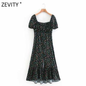 Zevity Womenヴィンテージフラワープリントスプリットミディドレス女性パフスリーブプリーツカジュアルスリムヴェストドシックパーティードレスDS4196 210603