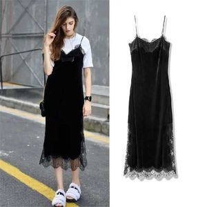 Autumn Velvet Lace Long Dress Women Tunic Sexy Maxi Spaghetti Strap Dresses Basic Sundress Vintage Black Party Dress Streetwear 210619