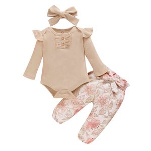 3-24m jesień wiosna urodzony niemowlę berbeć berbeć dziewczynka kwiat ubrania zestaw dziane romper floral spodnie stroje odzież 210515