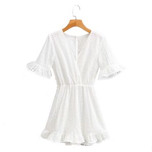 Summer Vintage Elegant V-collar Point Chiffon Girls Short Playsuits Women Sleeve Sweet Jumpsuits rompers 210531