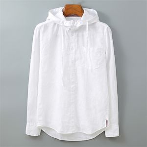 100%Pure Linen Men Long Sleeve Hooded Shirt Solid White Blue Hat Stand Collar Pullover Fashion Casual Shirts Male Tops Clothing 210708