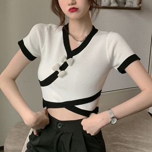 Lucyever White Patchwork Short Sleeve T Shirts Women Fashion Slim Fit Pearl Bow V Neck Knitted Tees Korean Solid Chic Tops Woman 210521