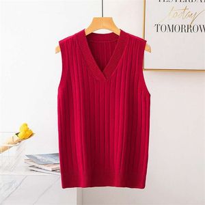 긴 니트 스웨터 조끼 여성 느슨한 캐주얼 V 넥 민소매 스웨터 스웨터 여성 봄 가을 한국어 버전 소녀 210427