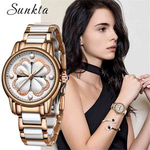SUNKTA Women Luxury Watch Female Rose Gold Elegant Diamond Ladies Quartz Wrist Watch Waterproof Ceramic Watch Reloj Mujer Gift 210517