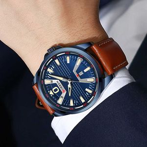 Curren Äkta Läder Mens Klockor Top Brand Luxury Business Blue Man Armband Klockor Minimalistisk armbandsur reloj Hombre 210527