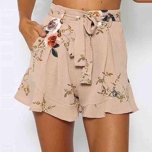 Snygga kvinnor kläder bandage ficka hög midja boho casual polyester blommig tryck strand sommar shorts en bit 210426