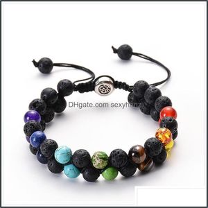 Strängar smycken lava rock 7 chakra pärlor armband 8mm dubbel lager rad justerbar unisex yoga naturlig sten energi helande armband gåva vara