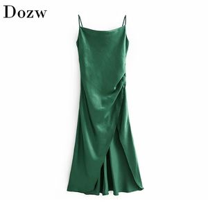 Elegant Sexy Satin Backless Split Dress Women Sleeveless Vintage Green Spaghetti Strap Female Solid Party Long es 210515