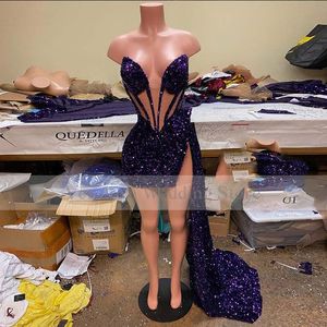 Sexy Sparkly Purple Cequin Prom Dress 2021 Custom Made African Black Girl Square Cocktail Party Suknia
