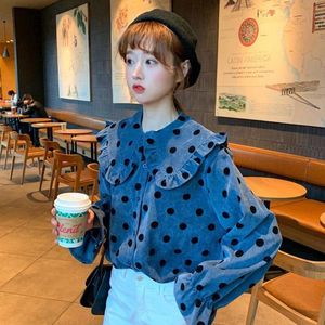 Women's Blouses & Shirts Preppy Shirt Corduroy Polka Dot Blouse Plus Size Ruffle Long Sleeve Collar Vintage Large Korean Woman