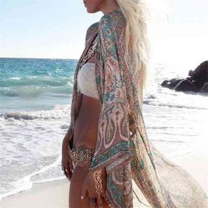 AYUALIN Chiffon Manica lunga Beach Boho Cover Up Camicetta Donna Vintage Kimono Cardigan Stampa floreale Top Blusas Femme Camicie lunghe 210719