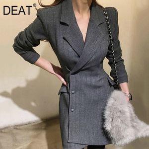 [DEAT] Vår och höst Kvinnor V-Neck Collar Fickor Grå Färgdräkt Enstaka Breasted Professional Medium Längd Coat GX1080 210428