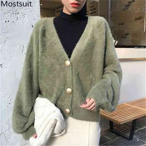 Autunno visone finto coreano lavorato a maglia cardigan maglioni donna manica lunga scollo a V bottoni dorati top casual moda donna 210513