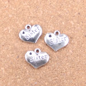63pcs Antique Silver Bronze Plated double sided heart sister Charms Pendant DIY Necklace Bracelet Bangle Findings 13*15mm