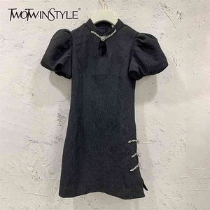Vintage solid klänning för kvinnor står krage puff kortärmad hög midja smal mini klänningar kvinnlig sommar 210520