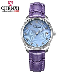Chenxi Purpleレザーバンドレディースクォーツ時計時計恋人の高級ファッション女性のドレスジュエリーウォッチレリーゴーフェミニーノQ0524
