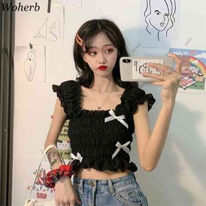 Sommar toppar Solid Square Neck Short Fashion Blusas Mujer Tank Top Sweet Bow Patch Vinatge Girls Blouses Women 210519