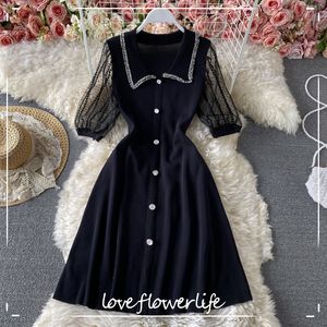LoveFlowerLife Spring Summer Vintage Solid Single Breasted Dress Aline Peter Pan Collar Chiffon Women Dresses 210521