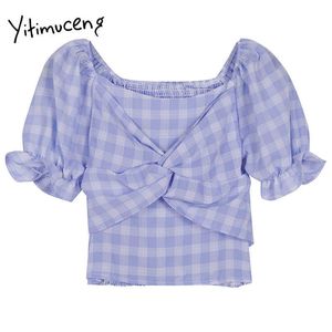 Yitimuceng Plaid Bluzka Kobiet Koszulki Solidna Letnia Moda Ubrania Krótki Rękaw O-Neck Sleeve Styl Style Topy 210601