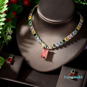 Orecchini Collana HIBRIDE Multicolor Women Wedding Party Dress Jewellery Big Square Design Bridal CZ Set di gioielli N-1242