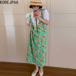 Korejpaa Women Dress Summer Western Style Reduced Age Thin Deep V-Neck Lace Trim Stitching Floral Loose Sling Vestidos 210526