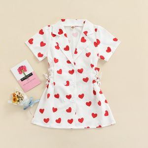 Mädchenkleider Mädchen Sommer Hemdkleid Valentinstag Liebe Herz Druck Revers Kurzarm Bandage Button-Down für Kinder