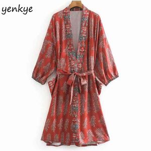 Vintage Oversize Kimono Dress Women V Neck Batwing Sleeve With Belt Pockets Floral Print Lady Holiday Summer Casual 210514