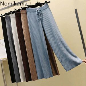 Nomikuma Knitted Wide Leg Pants Women Solid Color Casual Loose High Waist Lace Up Straight Trousers Korean Pantalones 3d077 210514