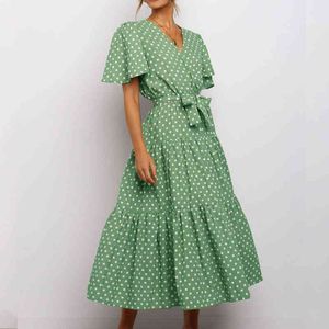 Boho maxi long dress women Summer elegant V-neck Cross Polka Dot Floral Belt women vintage Dress beach Dress female 210514