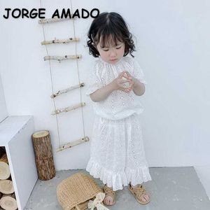 Summer Kids Girls 2-pcs Sets White Shirts Top + Elastic Waist Wide Leg Ruffles Pants Casual Style Children Suit E28 210610