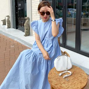 Chic Woman Dress Summer Korean Style Ins Gentle O-Neck Ruffle Stitching Big Hem Loose Flying Sleeve Female Long Dress 210527